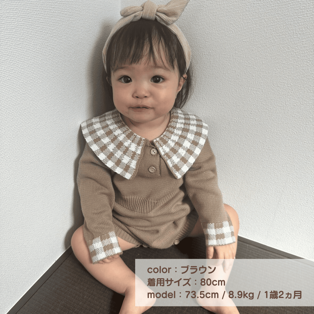 pupチェックニットロンパース