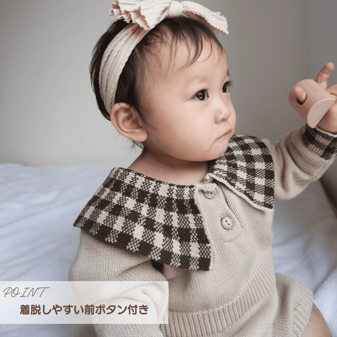 pupチェックニットロンパース