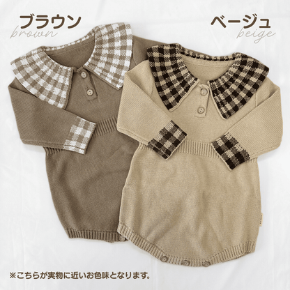 pupチェックニットロンパース